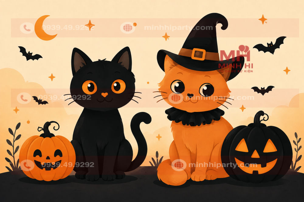 meo den meo cam trang tri halloween 2026 Mèo đen và mèo cam bên bí ngô trang trí Halloween