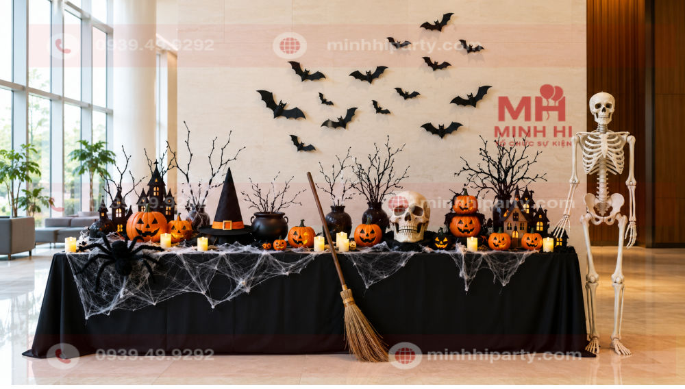 phu kien trang tri halloween 2026 voi day du cac hinh dang Phụ kiện trang trí Halloween 2026 gồm đầu lâu, nhện đen, đàn dơi và bộ xương cạnh bàn