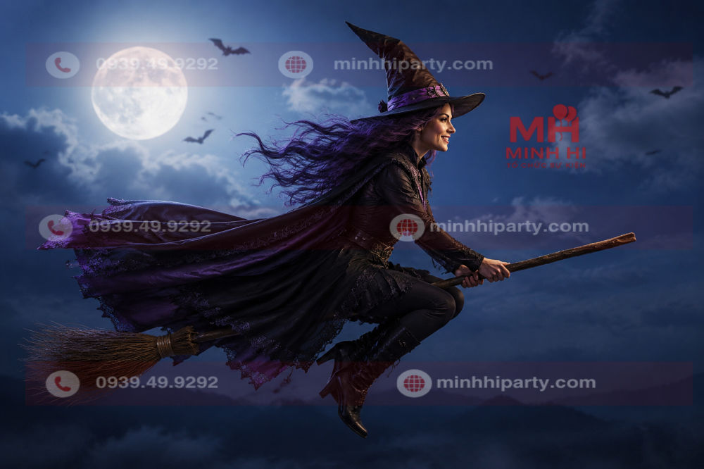 phu thuy cuoi choi bay halloween 2026 Phù thủy đội mũ nhọn cưỡi chổi bay trong đêm Halloween