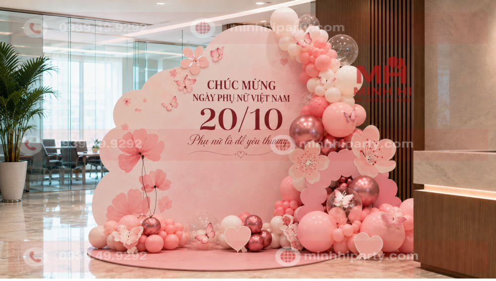 Mẫu backdrop 20/10 công ty đặt cạnh quầy lễ tân với hoa và bóng bay màu hồng