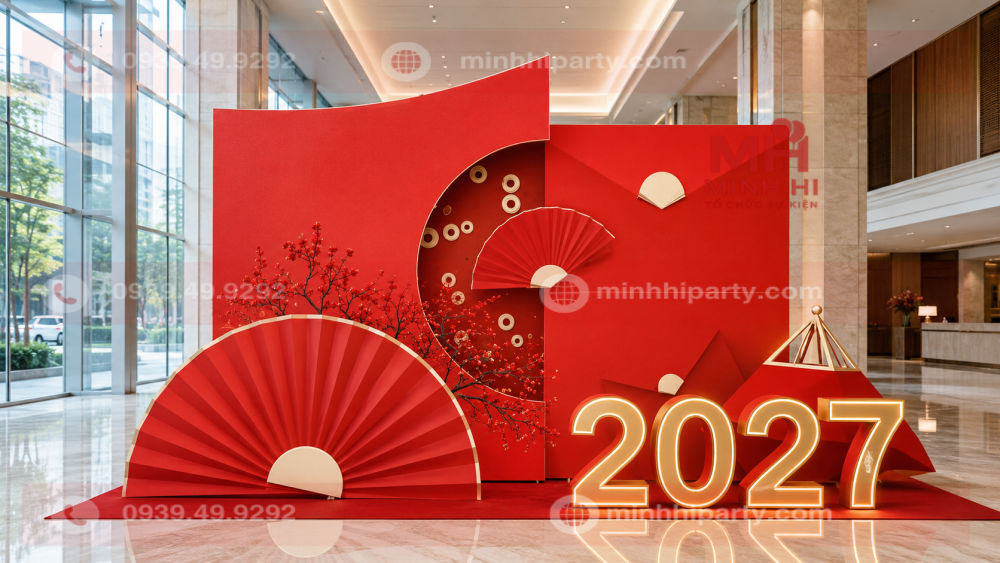 Trang trí backdrop tết 2027 cho sảnh công ty với thiết kế 3D các chi tiết