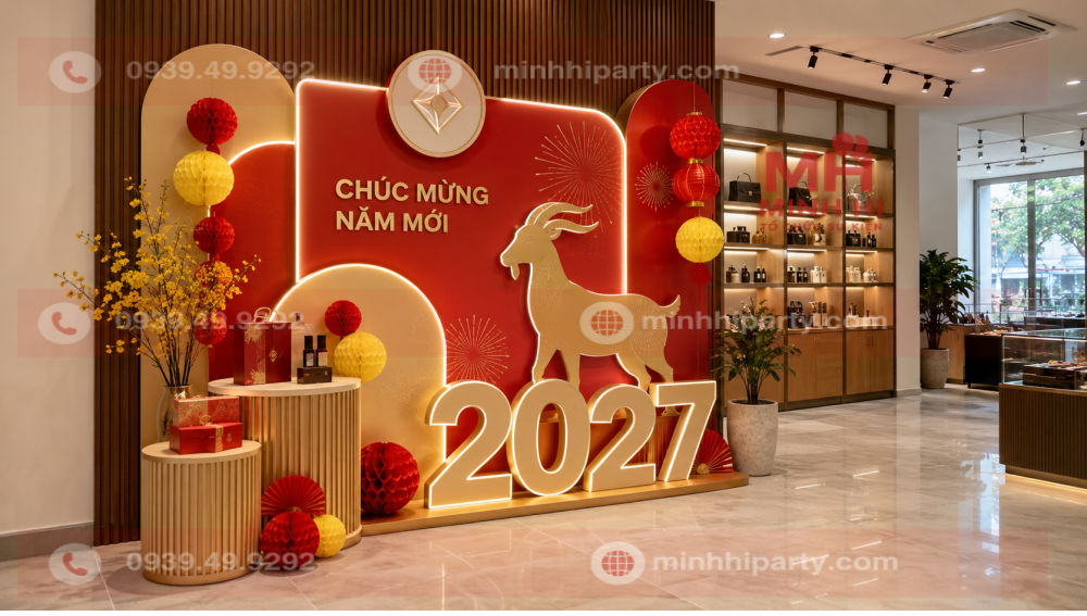 trang tri backdrop tet cho showroom 2027 Thiết kế backdrop check-in Tết 2027 tại góc showroom với linh vật dê, số 2027 phát sáng và bục trưng bày sản phẩm.