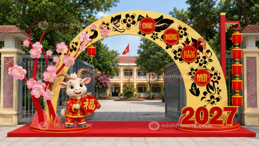 trang tri cong chao tet 2027 tone do vang sang trong Trang trí cổng chào tết 2027 tone đỏ vàng sang trọng cho trường học