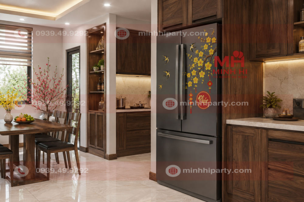 Trang trí Tết 2027 cho nhà bếp với tủ lạnh dán decal hoa mai, chim én và chữ Phúc cân đối.