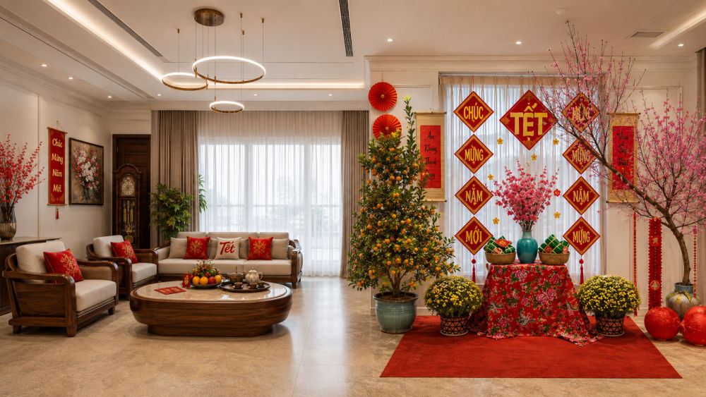 trang tri goc checkin tet 2027 cho phong khach Trang trí góc check-in tết 2027 cho phòng khách