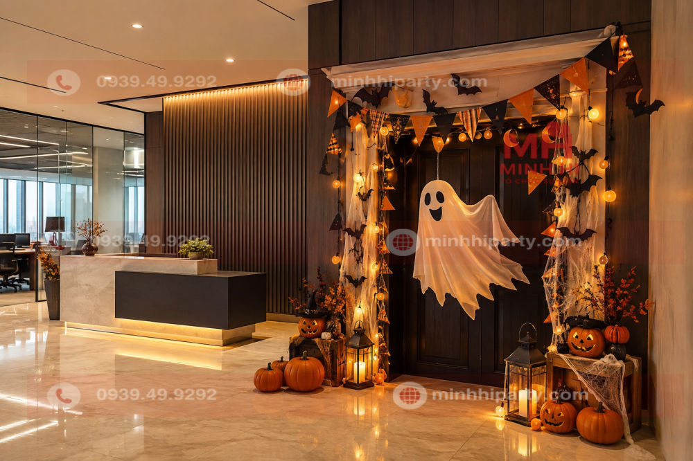 Trang trí Halloween 2026 cho khu vực sảnh công ty tạo không gian mới mẻ