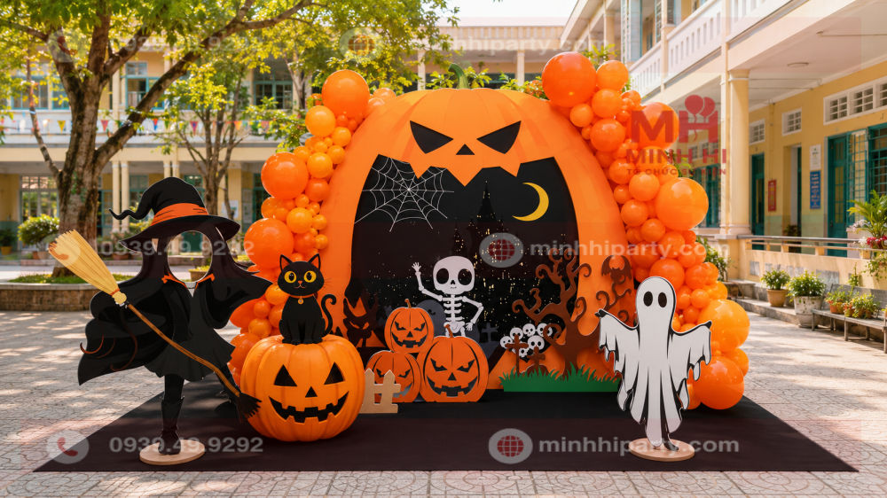 Mẫu trang trí Halloween tại sân trường với cổng bí ngô, bóng cam, phù thủy đen và mèo đen