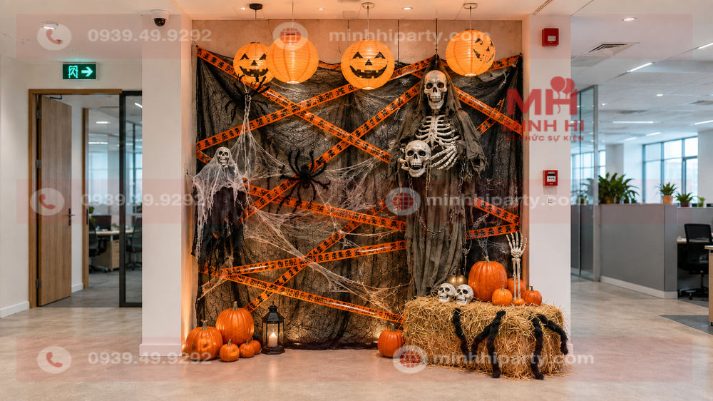 Mẫu trang trí Halloween tại văn phòng trực diện, bảo đảm lối đi và hoạt động làm việc