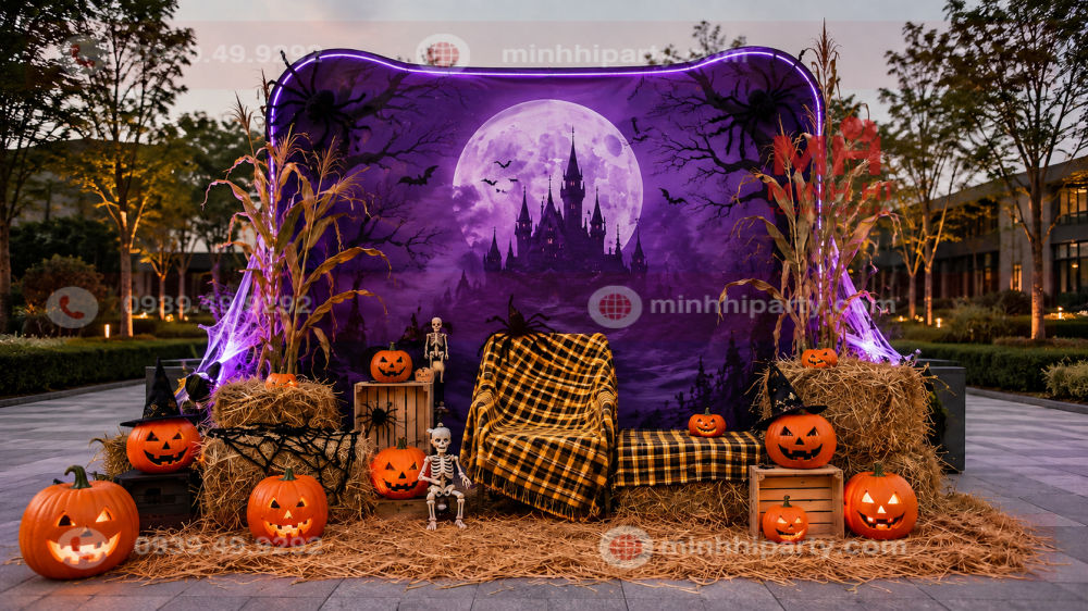 Trang trí Halloween ngoài trời với ghế sọc vàng đen và backdrop lâu đài tím