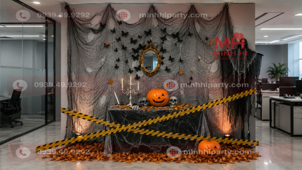 Trang trí Halloween trong nhà tại văn phòng với bí ngô, đầu lâu, mạng nhện và dây cảnh báo
