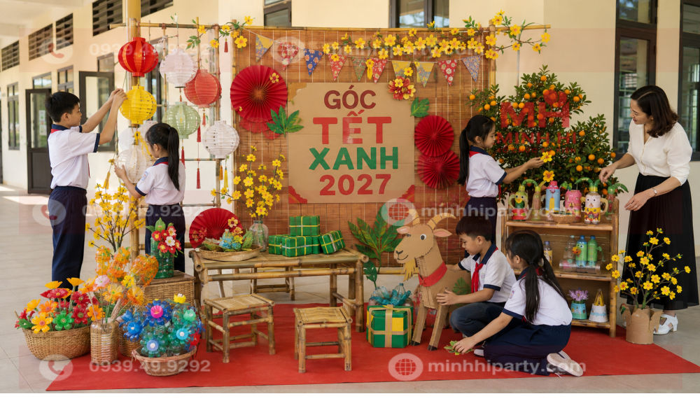 trang tri khong gian tet xanh cho truong hoc 2027 Trang trí Tết 2027 cho trường học với tiểu cảnh Tết xanh làm từ giấy, bìa carton, chai nhựa và vải tái sử dụng.