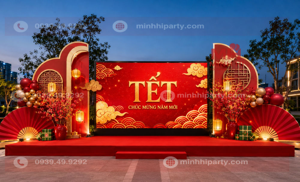 trang tri san khau tet man hinh led Mẫu trang trí sân khấu tết 2027 với màn hình LED ngoài trời