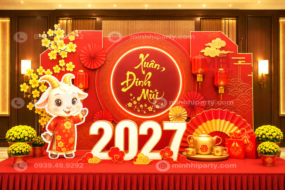 trang tri san khau tet va backdrop tet 2027 Trang trí sân khấu tết 2027 và backdrop kết hợp thành tiểu cảnh
