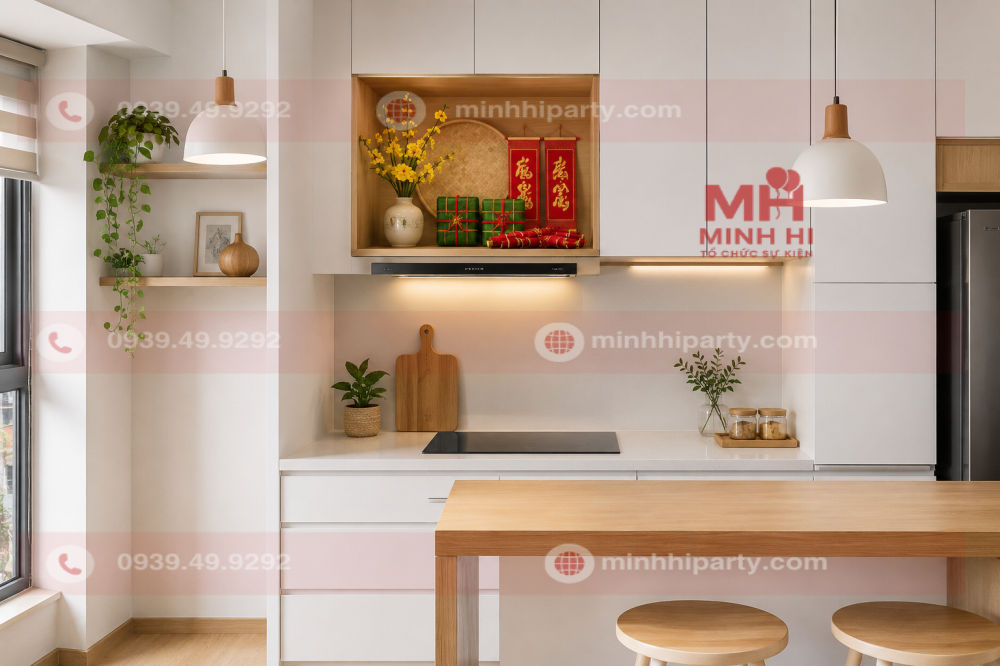 Trang trí nhà bếp ngày Tết với góc tiểu cảnh nhỏ trên tủ bếp gồm bánh chưng, mẹt tre, câu đối đỏ và cành mai.