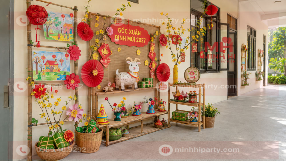 trang tri tet 2027 cho hanh lang va lop hoc Trang trí Tết 2027 cho trường học tại hành lang bằng bao lì xì, quạt giấy, cành mai và sản phẩm thủ công của học sinh.