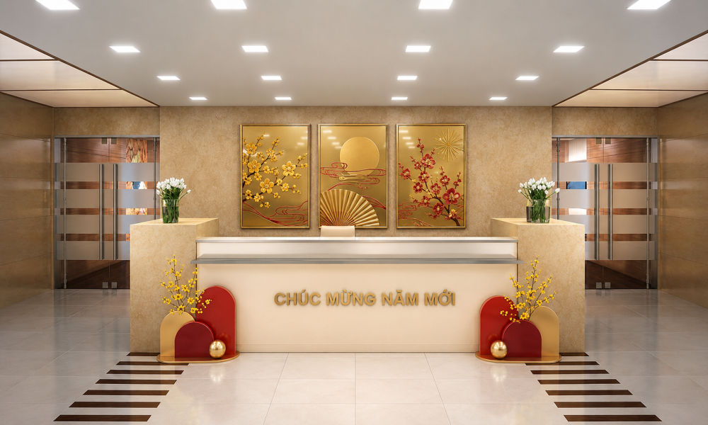 trang tri tet 2027 cho khu vuc quay le tan voi tone do vang sang trong Trang trí tết 2027 cho khu vực quầy lễ tân với tone đỏ vàng sang trọng
