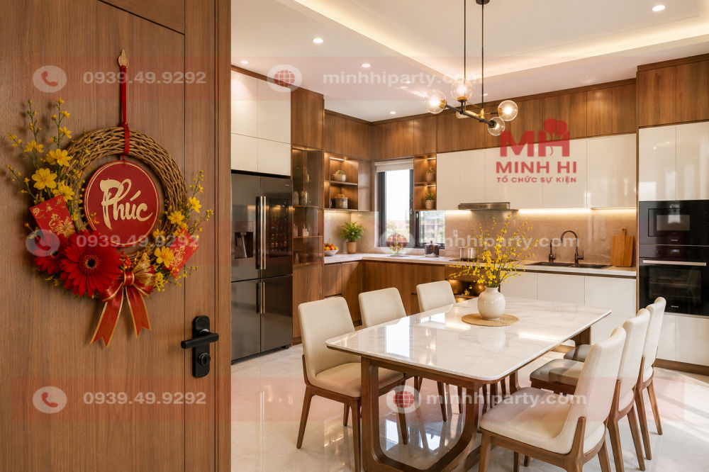Trang trí Tết 2027 cho nhà bếp với vòng hoa mai vàng, hoa đồng tiền đỏ, bao lì xì và chữ Phúc.