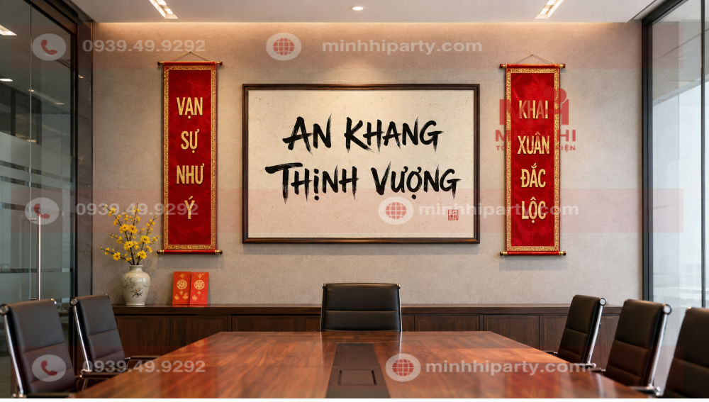 Trang trí phòng họp đón Tết 2027 bằng tranh thư pháp An Khang Thịnh Vượng, câu đối đỏ và hoa mai vàng trang trọng.