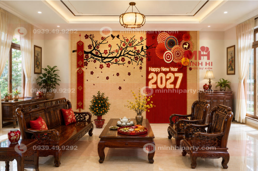 trang tri tet 2027 cho phong khach voi sac do Trang trí phòng khách Tết 2027 phong thủy với hoa mai, cây quất, bàn trà và biểu tượng dê Đinh Mùi