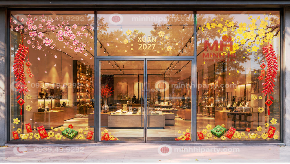 trang tri tet 2027 cho showroom bang decal cho cua kinh Trang trí cửa kính Tết 2027 bằng decal với hoa mai, hoa đào, pháo đỏ và bao lì xì, chừa khoảng trống nhìn rõ showroom.