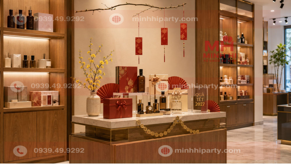 trang tri tet 2027 cho showroom goc trung bay san pham Trang trí khu vực trưng bày sản phẩm showroom Tết 2027 bằng hoa mai, bao lì xì và quạt giấy, giữ sản phẩm ở vị trí trung tâm.