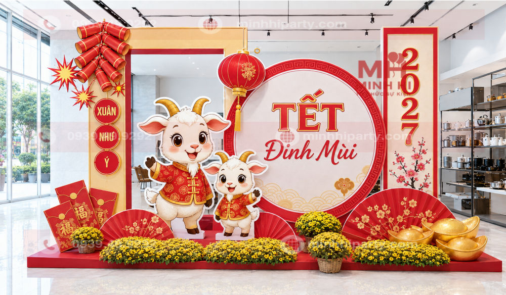 Trang trí tết 2027 cho showroom thiết kế hiện đại sang trọng