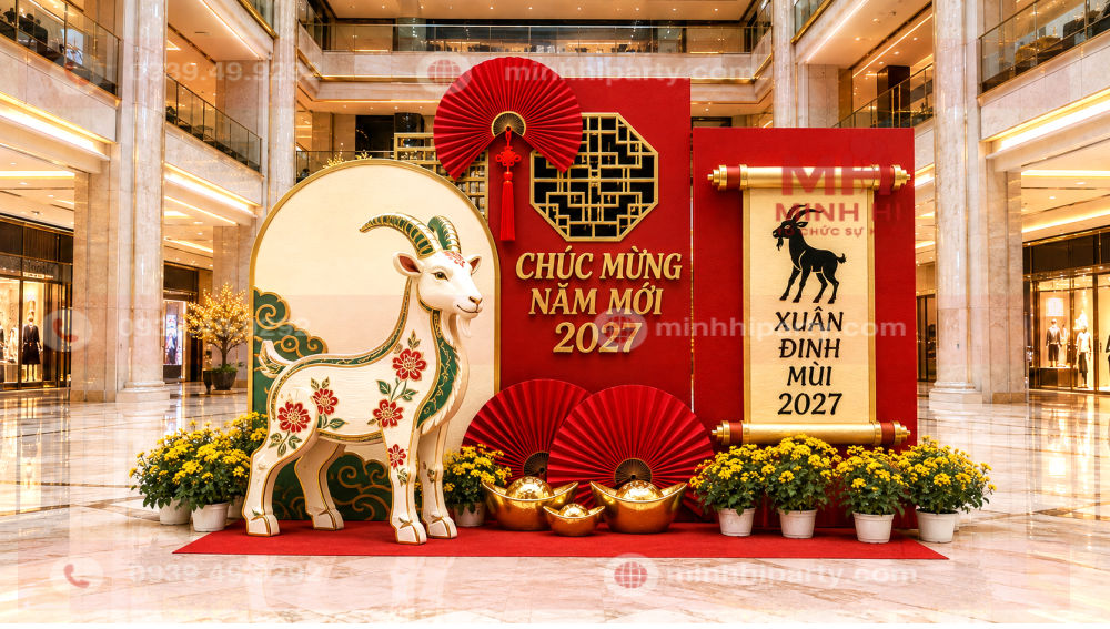 trang tri tet 2027 cho trung tam thuong mai chuyen nghiep tron goi Trang trí trung tâm thương mại ngày Tết 2027 với linh vật dê Đinh Mùi formex 3D, backdrop đỏ vàng và hoa cúc thật.