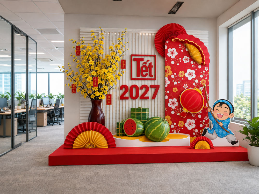 trang tri tet 2027 cho van phong cong ty tieu canh don gian hien dai Trang trí tết 2027 cho văn phòng công ty với tiểu cảnh đơn giản hiện đại