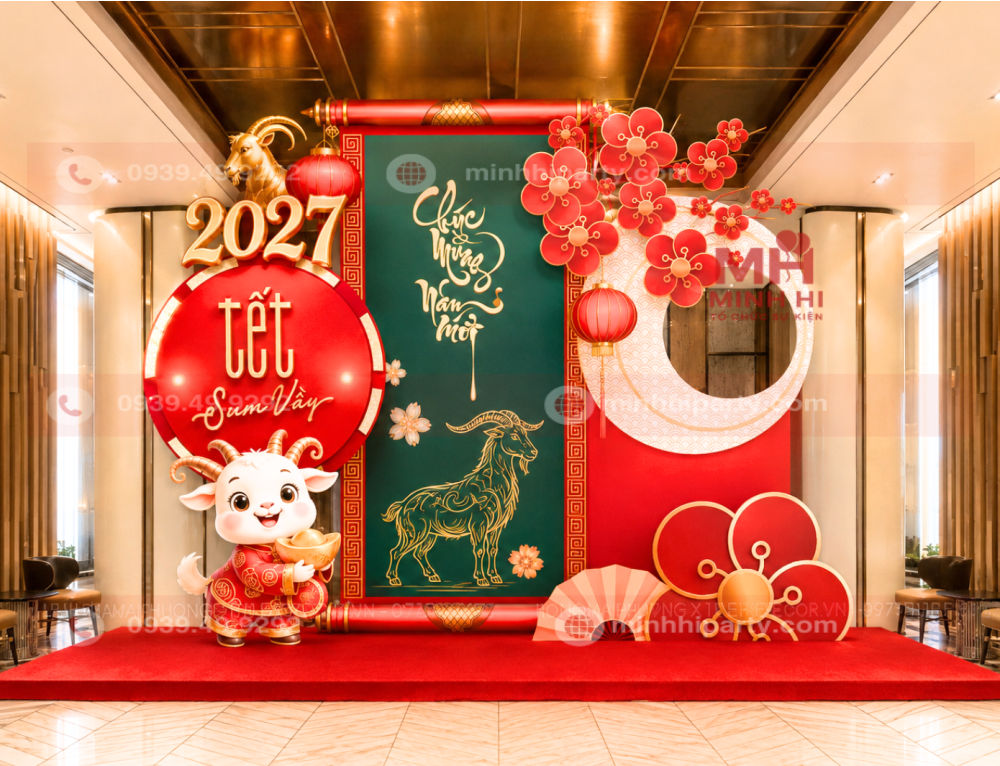 trang tri tet 2027 voi mau sac don tai loc Mẫu trang trí Tết 2027 phong thủy tông đỏ vàng xanh ngọc với linh vật dê Đinh Mùi tại sảnh đón khách
