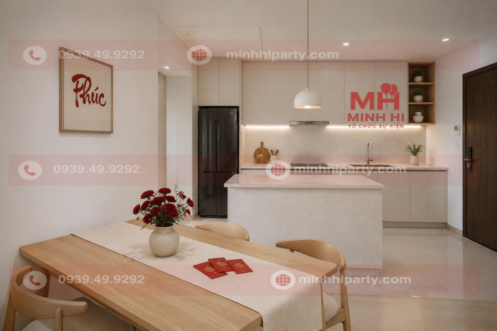 Trang trí Tết 2027 cho nhà bếp theo phong cách hiện đại tối giản với hoa đỏ, khăn bàn kem, bao lì xì và chữ Phúc.