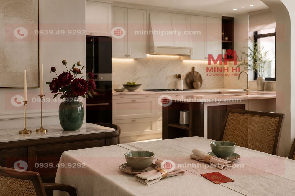 Trang trí Tết 2027 cho nhà bếp sang trọng với hoa đỏ rượu vang, bình gốm xanh ngọc, chân nến vàng và khăn bàn kem.