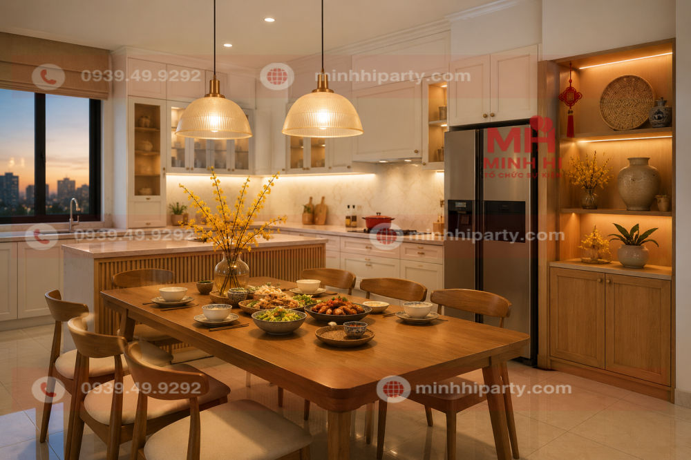 Trang trí Tết 2027 cho nhà bếp bằng đèn thả ánh vàng trên bàn ăn và LED ấm tại kệ trang trí.
