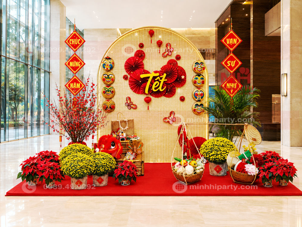Trang trí tết cho sảnh công ty 2027 với thiết kế theo concept truyền thống