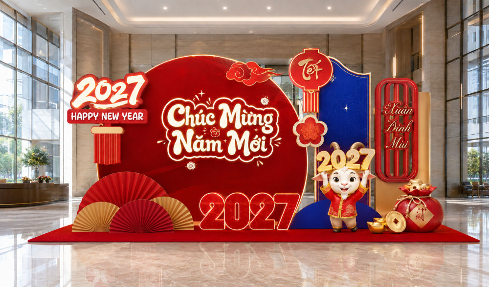 Trang trí tiểu cảnh tết cho sảnh công ty phong cách cao cấp sang trọng