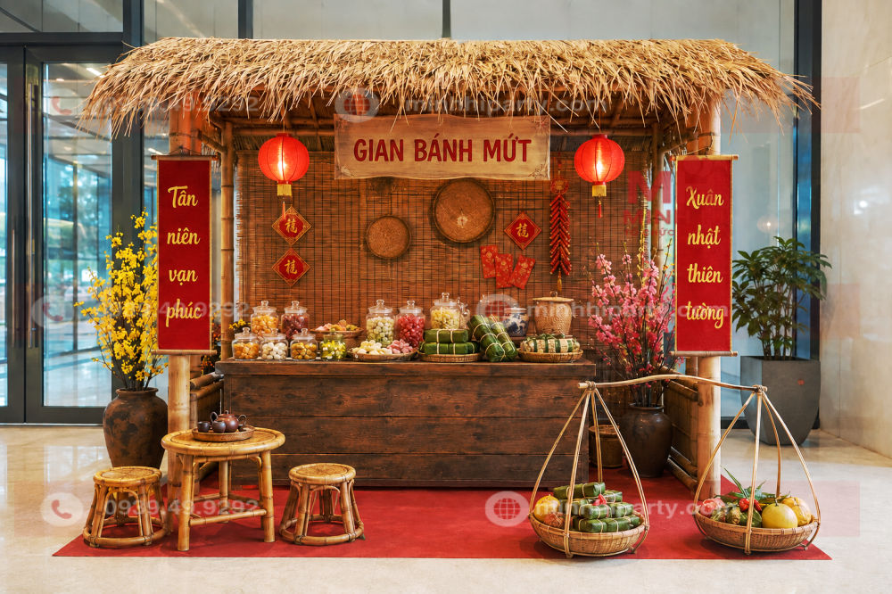 Trang trí tết 2027 với tiểu cảnh chợ quê gian bánh mức