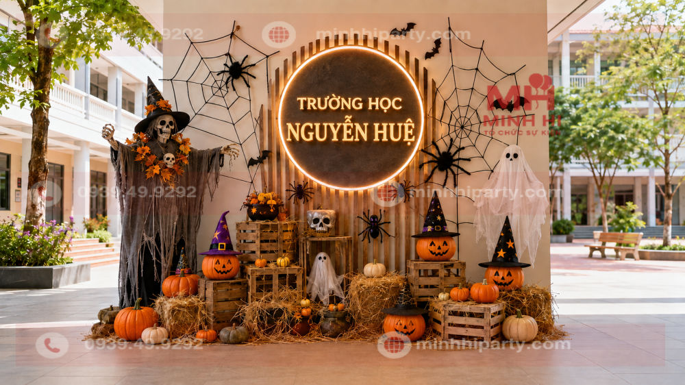 Mẫu trang trí tiểu cảnh Halloween cho trường học với bảng tên hình tròn và hệ thống đèn LED nổi bật