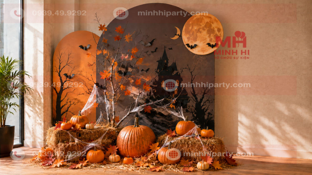 Trang trí tiểu cảnh Halloween nhiều lớp cùng bí ngô, kiện rơm, lá mùa thu, mạng nhện và mô hình dơi.