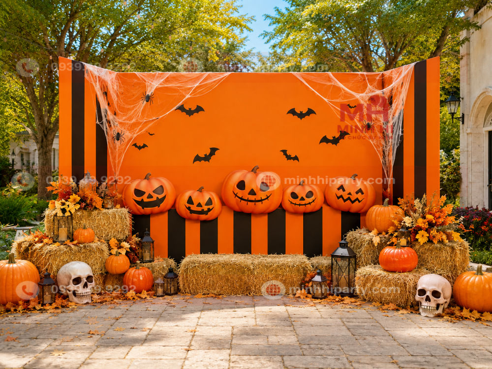 Trang trí tiểu cảnh Halloween màu cam với bí ngô, rơm, đầu lâu và mạng nhện