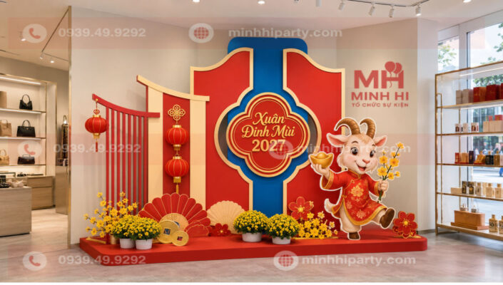 Tiểu cảnh Tết 2027 check-in trang trí cửa hàng bằng formex với linh vật dê Đinh Mùi