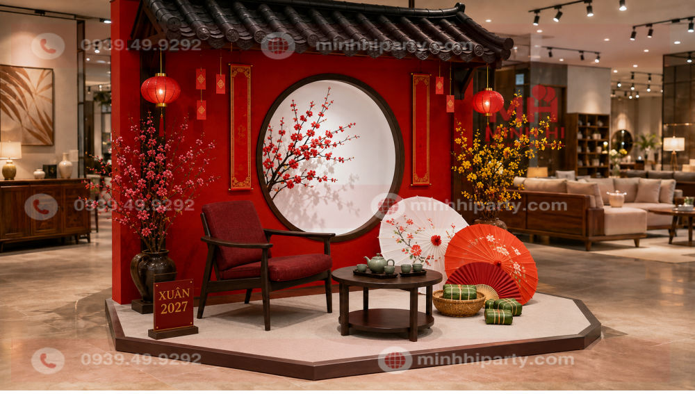 trang tri tieu canh tet 2027 cho showroom noi that Trang trí tiểu cảnh Tết 2027 độc đáo trong showroom nội thất với mái nhà truyền thống, bánh chưng, mẹt tre, hoa mai và bàn ghế trưng bày.