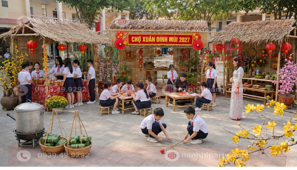 trang tri tieu canh tet 2027 voi chu de tai hien tet truyen thong Trang trí tiểu cảnh Tết quê trong trường học năm 2027 với chợ xuân, góc ông đồ, gian hàng mứt và học sinh vui chơi.