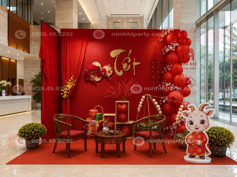 Trang trí tiểu cảnh tết 2027 cho sảnh lớn công ty con concept truyền thống xưa
