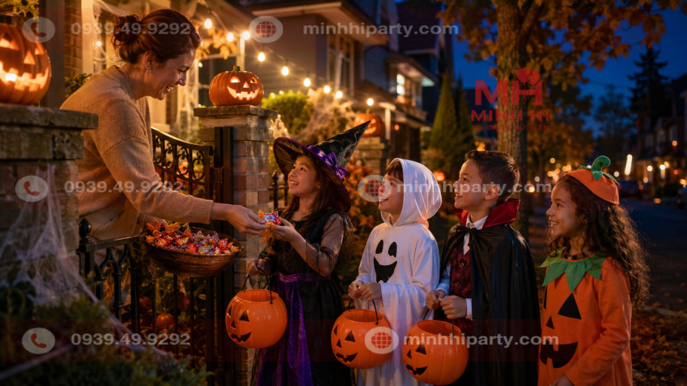 Trẻ em hóa trang chơi Trick or Treat và nhận kẹo Halloween tại khu phố vào ban đêm