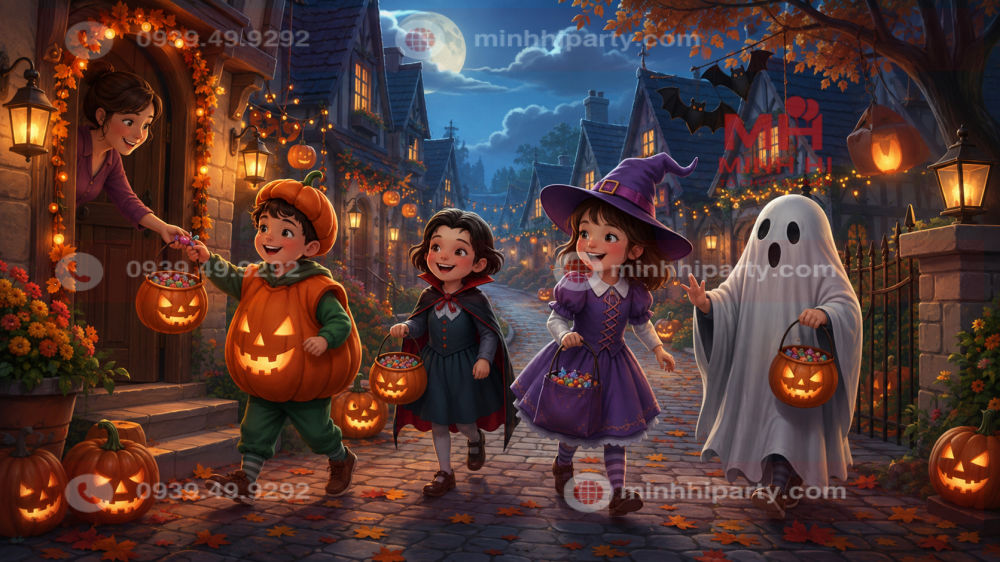 Trẻ em hóa trang tham gia trò chơi Trick or Treat trong đêm Halloween 2026