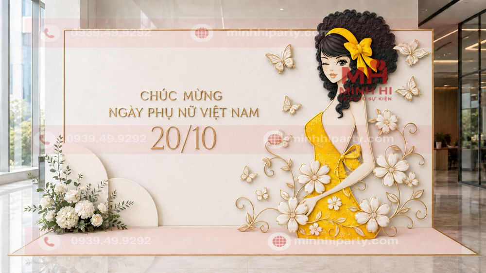 Trang trí ngày quốc tế phụ nữ 20/10 tone trắng vàng với cô gái tóc đen, váy vàng và họa tiết formex nổi.