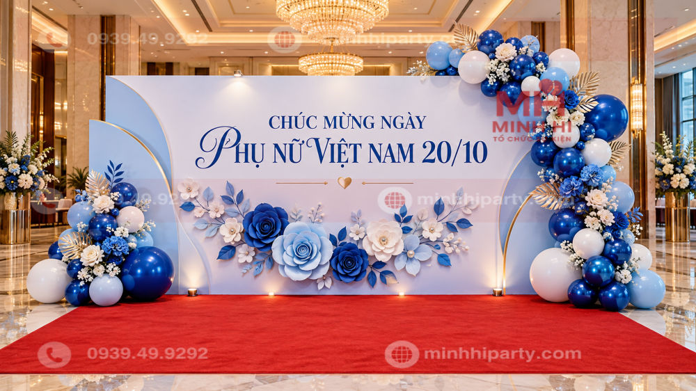 Backdrop check-in 20/10 thiết kế hiện đại kết hợp thảm đỏ sang trọng