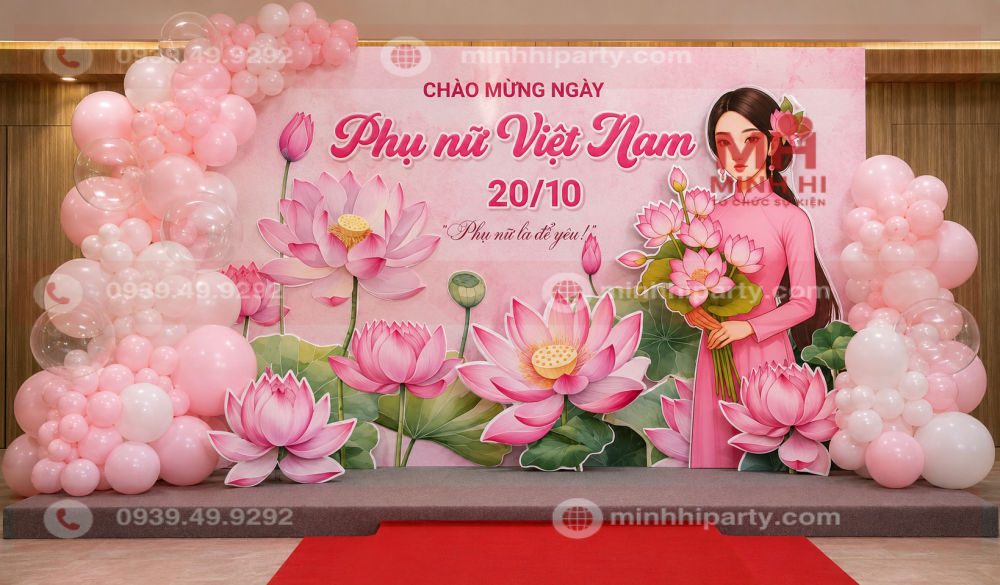 Mẫu thiết kế backdrop sân khấu 20/10 với cô gái áo dài ốp nổi, hoa sen và thảm đỏ