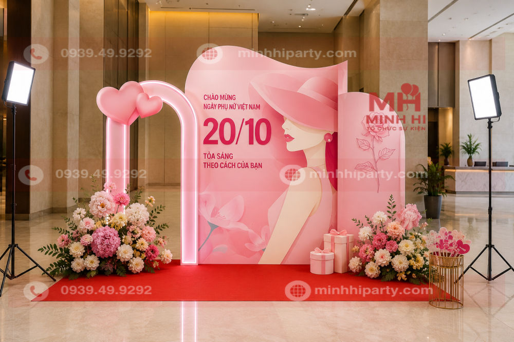 Trang trí khu vực chụp ảnh 20/10 doanh nghiệp với backdrop 3D, đèn neon và thảm đỏ