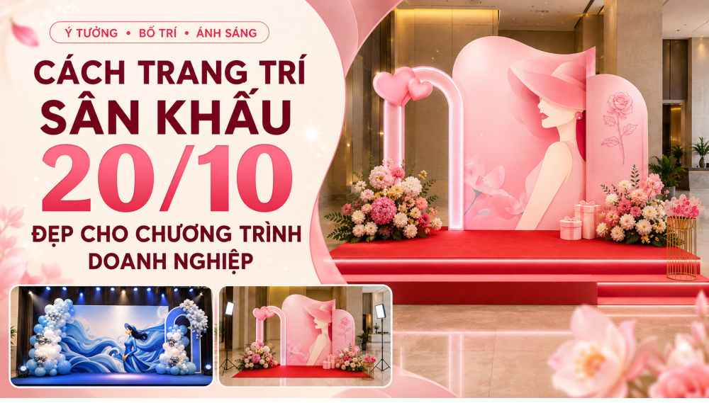 Cách trang trí sân khấu 20/10 đẹp cho chương trình doanh nghiệp với backdrop, ánh sáng và khu chụp ảnh