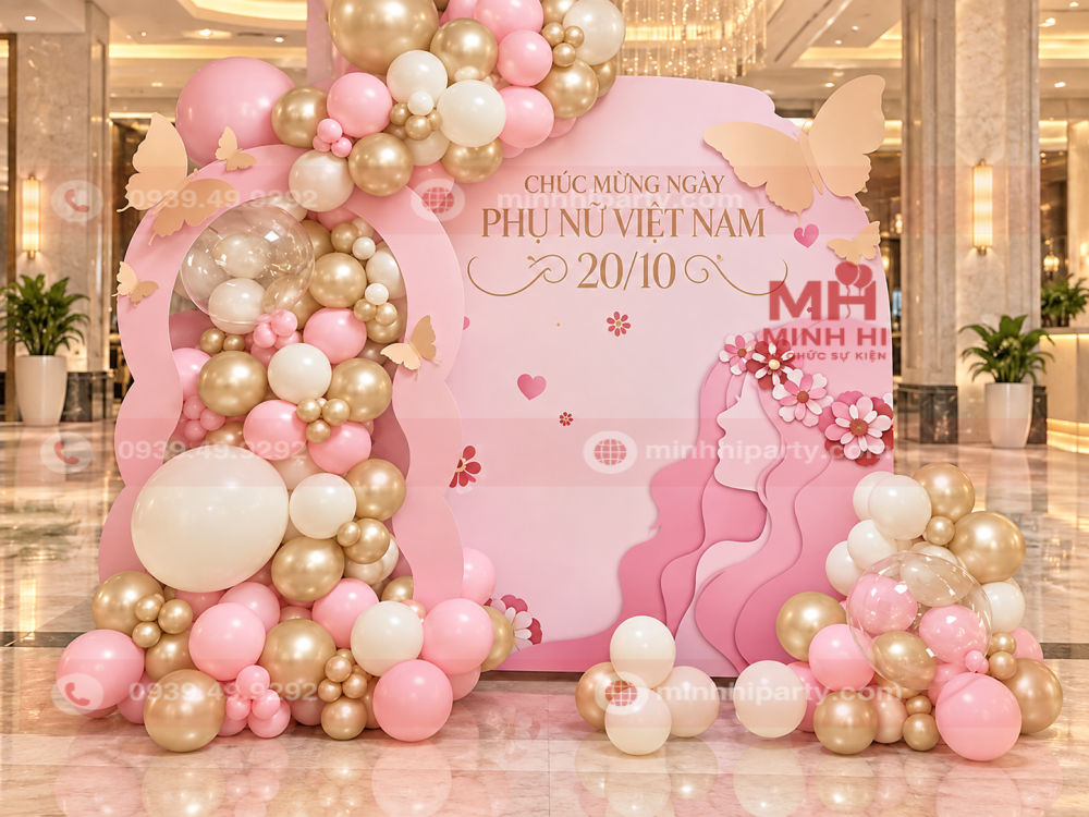 Backdrop trang trí 20/10 màu hồng vàng pastel trang trí tại sảnh sự kiện lớn